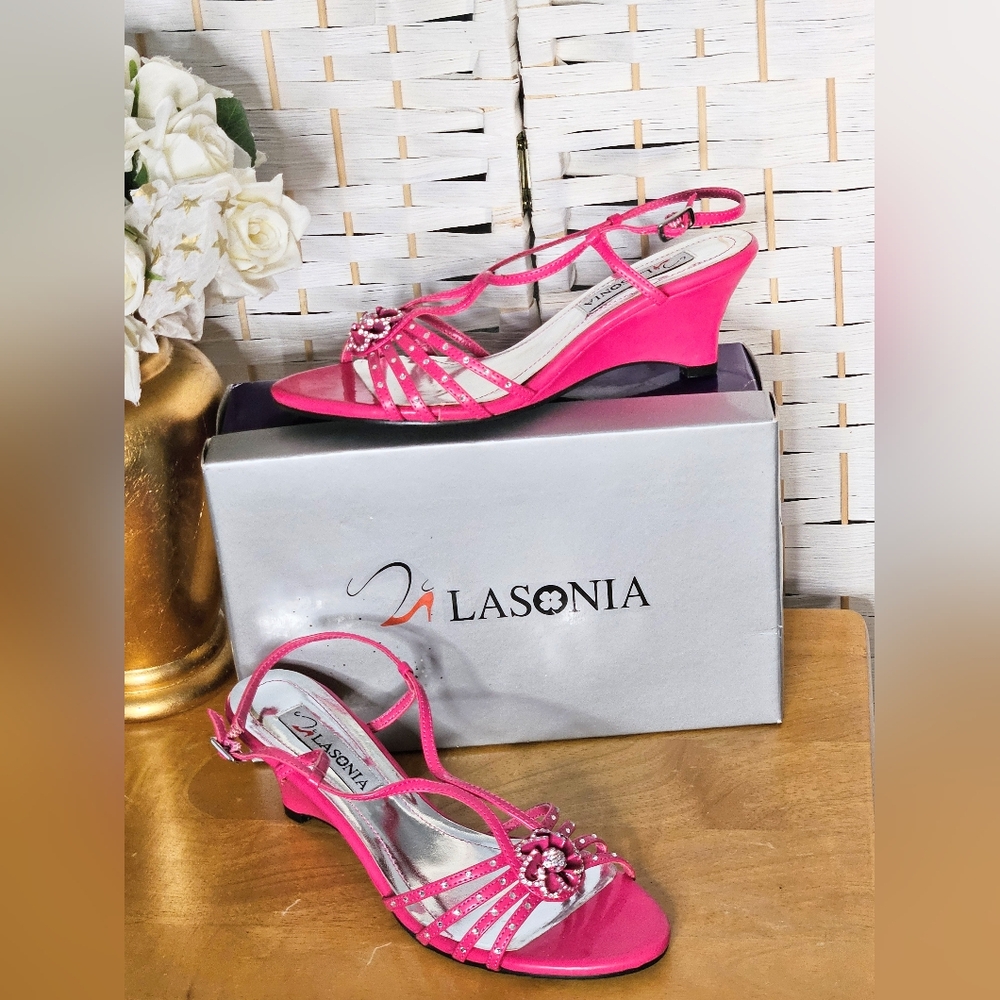Lasonia- Fuchsia Rhinestone Patent Leather Strappy Wedge Sandals -8.5